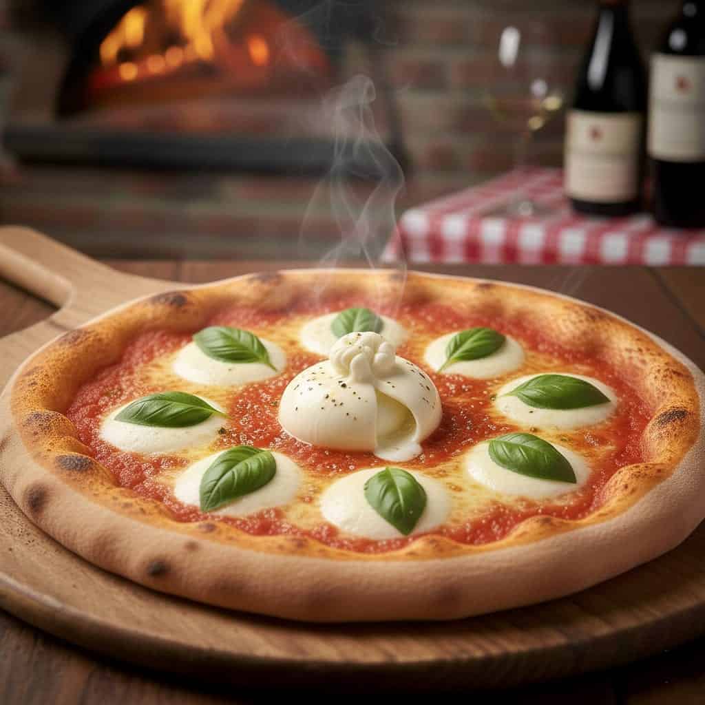 Pizza italiana con burrata, tomate y albahaca.