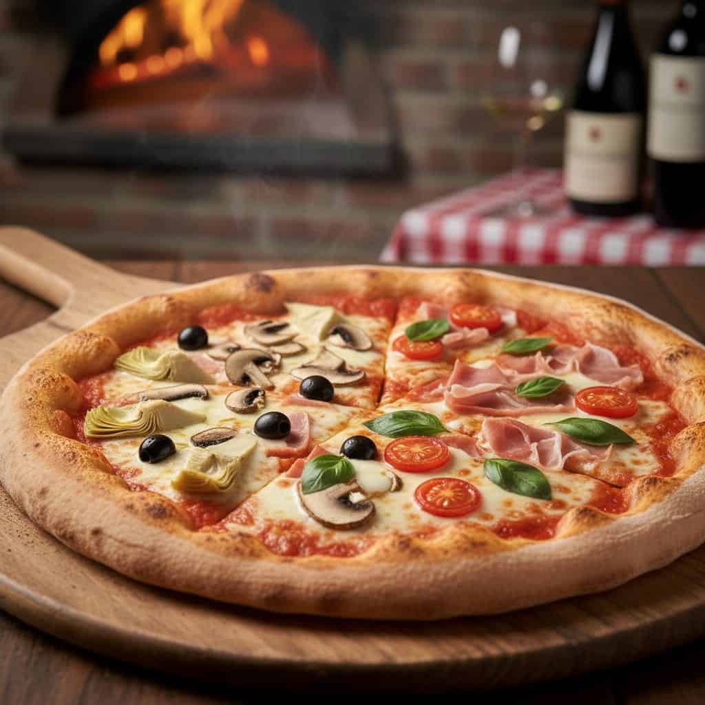 Pizza mixta recién horneada con ingredientes frescos