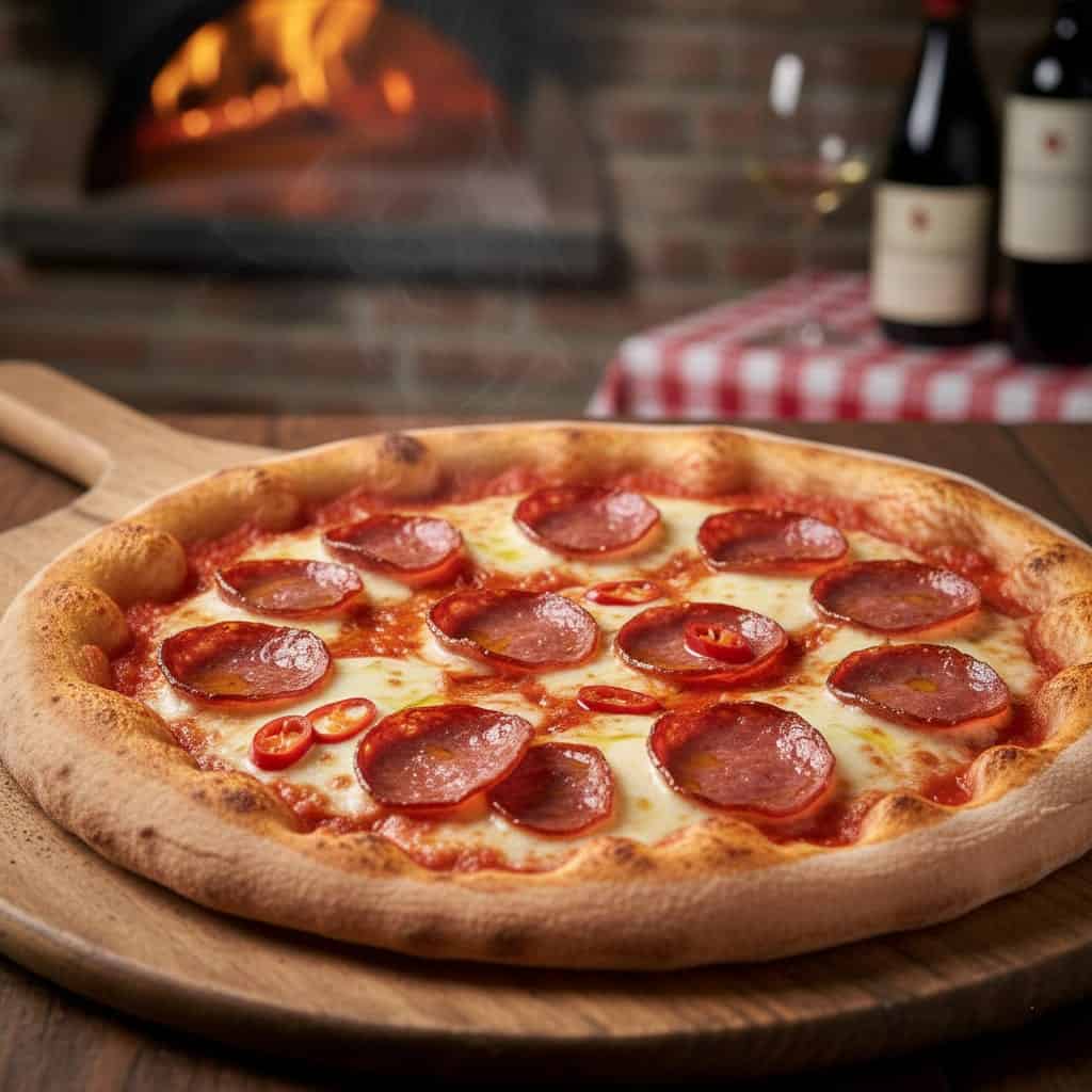Pizza de pepperoni recién horneada en horno de leña