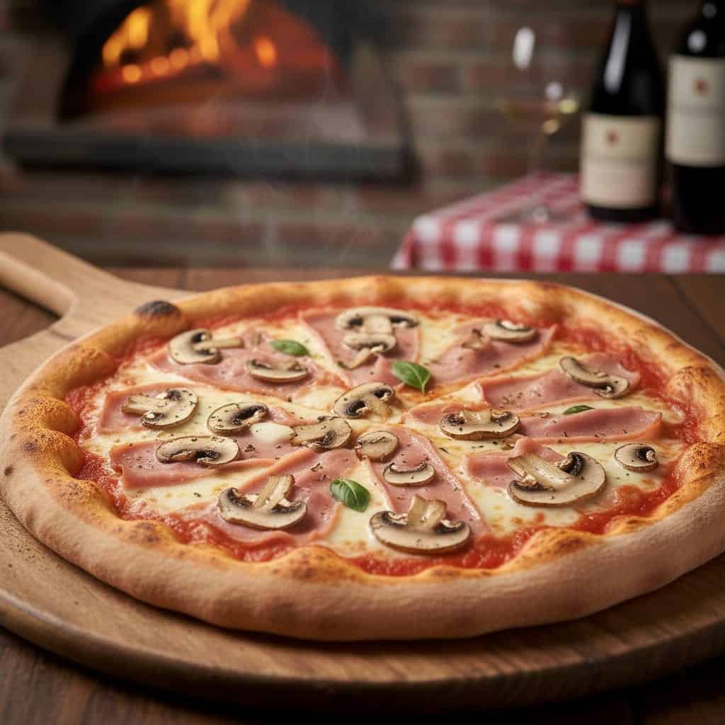 Pizza de jamón y champiñones al horno de leña