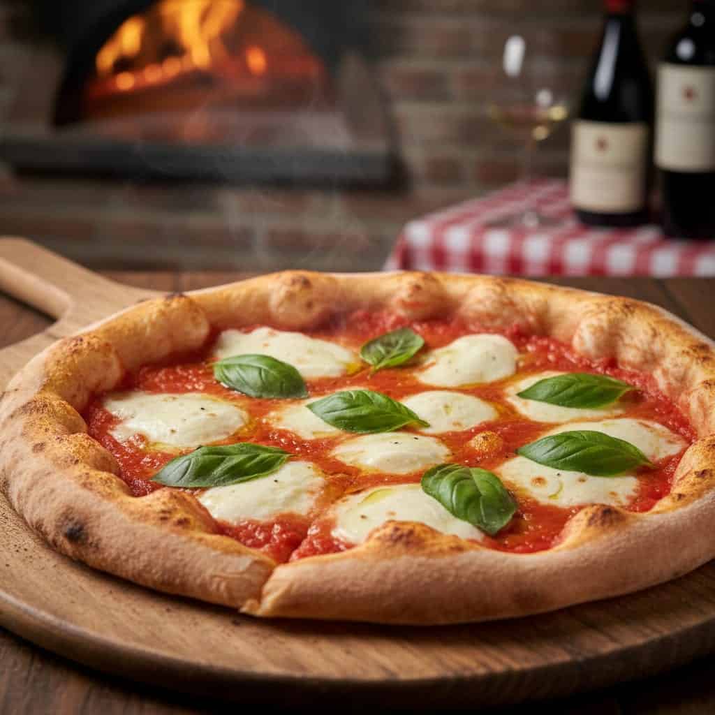 Pizza margarita recién horneada con albahaca y queso