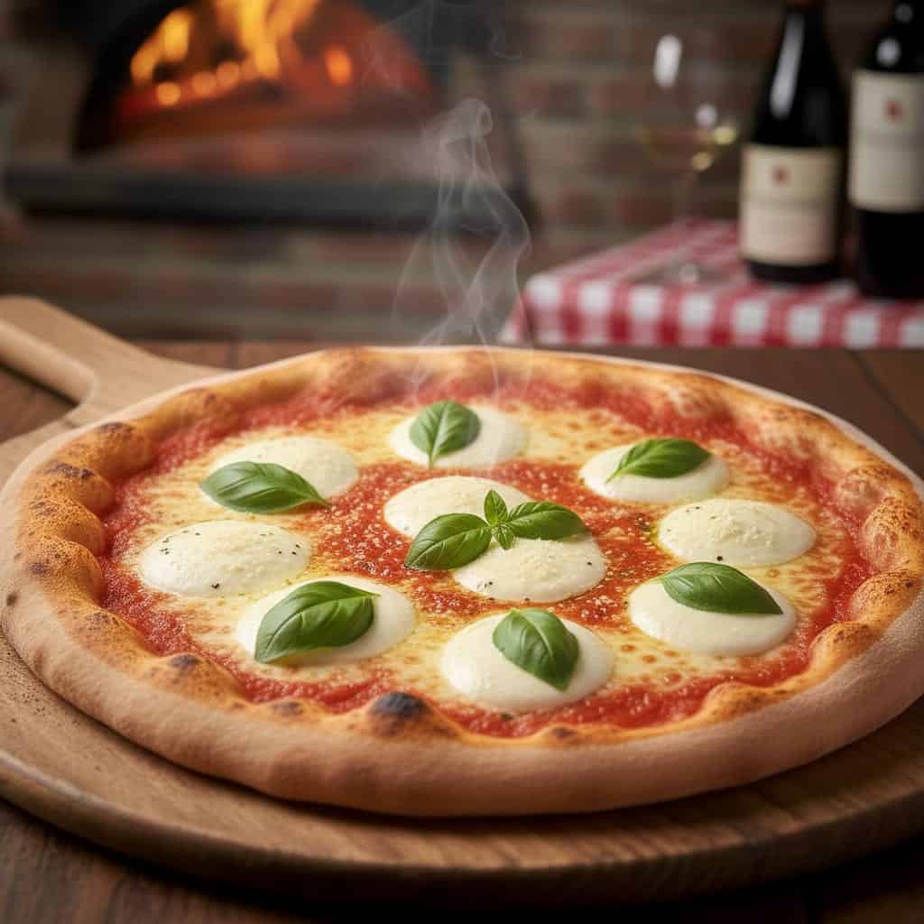 Pizza margarita recién hecha con albahaca y queso